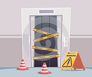 Elevator repair. Business office with closed damaged elevator doors under construction vector building interior