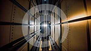 Elevator shaft from inside: metal walls and large cables lift, Generative AI