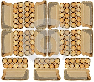 Eleven carton packages of ten brovn eggs isolated on white