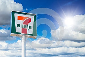 7-Eleven store sign high banner 7-11 is the world`s largest franchiser of convenience stores