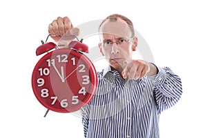 Eleventh hour - stressed man pointing at camera isolated on whit