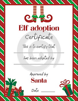 Elf adoption cerificate template with cute elf legs and christmas gifts on white background