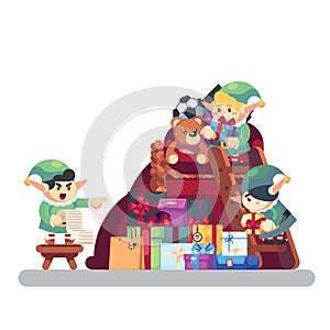 Elf carrying present into bag with gifts Merry Christmas. Funny Santa Claus helper. Cheerful cute elf. Cartoon character