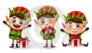 Elf christmas vector character set. Elfs little characters with gifts in surprise and thankful facial expression for xmas gift.