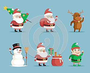 Elf Deer Snowman Santa Claus Cartoon Characters Christmas New Year Icons Set Flat Design Vector Illustration