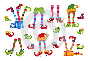 Elf feet. Elves foot in shoes and hat. Christmas dwarf leg in pants with santa gifts isolated vector set