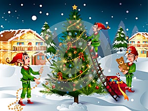 Elf with gift in winter background for Merry Christmas holiday celebration