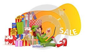 elf girl using laptop new year christmas holidays celebration concept santa helper with wrapped gifts shopping online