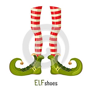 Elf green shoes and striped red leggings on thin legs