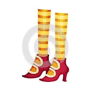 Elf Legs in Striped Patterned Stockings and Funny Shoes With Jingle Bell Vector Item photo