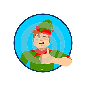 Elf Santa helper thumbs up and winks emoji. New Year and Christmas vector illustration