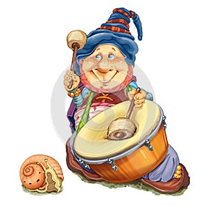 Elf with a snail plays a drum.