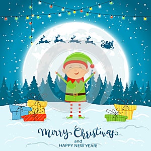 Elf on Winter Background with Gifts and Santa Claus