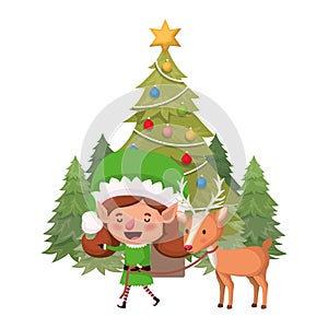 Elf woman with reindeer and christmas tree