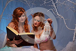 Elf women with a book and a lantern