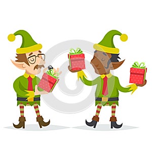 Elfs gift box christmass character quality check process retro cartoon design vector illustration