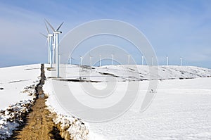 Elguea range with wind turbines farm in winter