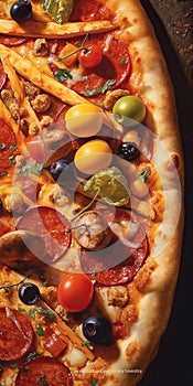 elicious whole italian pizza on a wooden table with ingredients. traditional italian food. Vertical image