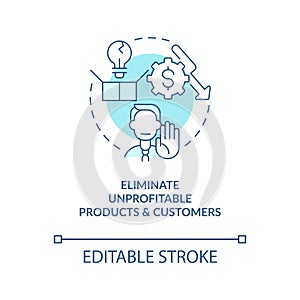 Eliminate unprofitable products and customers blue concept icon