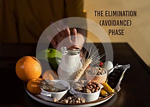 Elimination diet concept. A woman avoids food allergens - fish, seafood, dairy, peanuts, tree nuts, eggs, chocolate