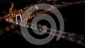 Aerial night view of Budapest Elisabeth Bridge, Hungary