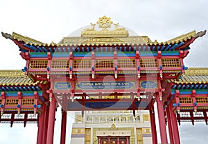 ELISTA, RUSSIA. Fragment of gate of the Buddhist temple complex `Gold Monastery of Buddha Shakyamuni`. Kalmykia