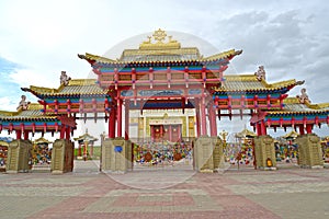 ELISTA, RUSSIA. Gate of the Buddhist temple complex `Gold Monastery of Buddha Shakyamuni`. Kalmykia