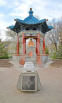 ELISTA, RUSSIA. A rotunda arbor with Buddha Shakyamuni and a memorable sign