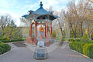 ELISTA, RUSSIA. A rotunda arbor with Buddha Shakyamuni and a memorable sign in the square