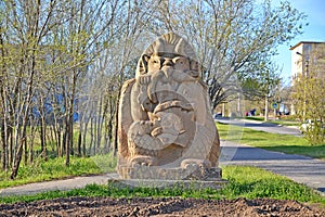 ELISTA, RUSSIA. Street sculpture of Garudi-hranitel in the spring afternoon. Kalmykia