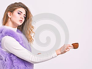 Elite coffee concept. Elite coffee variety concept. Lady drink espresso little ceramic cup white background. Elite drink