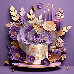 Elite decorated cake with a mix of paper cut flowers,many levels. Big stylish cake with candle, weddings, Valentine, birthdays and