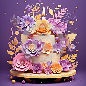 Elite decorated cake with a mix of paper cut flowers,many levels. Big stylish cake with candle, weddings, Valentine, birthdays and