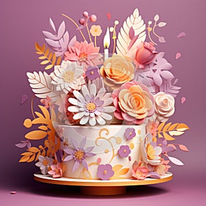 Elite decorated cake with a mix of paper cut flowers,many levels. Big stylish cake with candle, weddings, Valentine, birthdays and