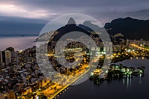 Elite Lagoa district in Rio de Janeiro. Night view from drone