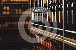 Elite Wine Collection Elegantly Displayed on Wooden Shelves in Shop Cellar photo