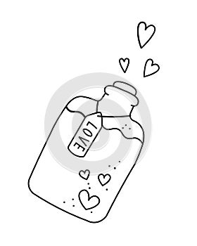 Elixir of Love. Vector illustration in doodle style isolated on white background. Love Potion Valentine`s day concept for a