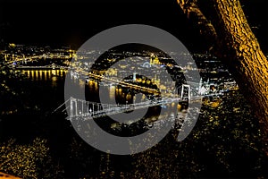 The Elizabeth and Chain bridges over the River Danube from the foot of the Liberty Statue at night