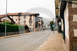 Elizondo, Navarre, Spain - August 24 2023 - view of the square in the town of Elizondo, capital of the Baztan Valley. photo