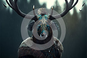 Elk animal portrait dressed as a warrior fighter or combatant soldier concept. Ai generated
