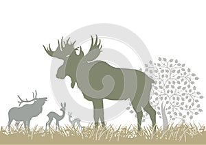 Elk and deer by tree