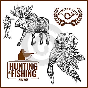 Elk hunting, Hunting logo hunting dog with a wild duck in his teeth and design elements.