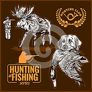 Elk hunting, Hunting logo hunting dog with a wild duck in his teeth and design elements.