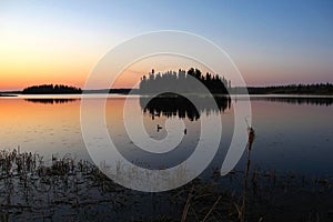 Elk Island National Park, Islands Reflected in Evening Light, Astotin Lake, Alberta, Canada