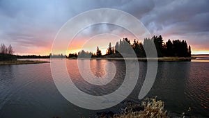 Elk Island National Park Landscape Panorama of Dramatic Sunset over Astotin Lake in Alberta, Canada