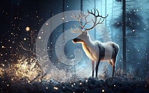 Elk or reindeer stag in a magical forest with sparkling lights antlers beautiful realistic deer Natural landscape background in
