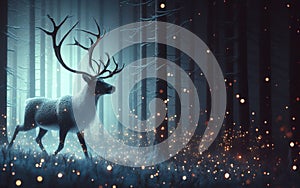 Elk or reindeer stag in a magical forest with sparkling lights antlers beautiful realistic deer Natural landscape background in