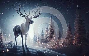 Elk or reindeer stag in a magical forest with sparkling lights antlers beautiful realistic deer Natural landscape background in