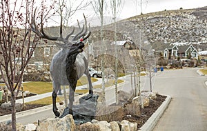 Elk Statute With Rudolph Red Nose