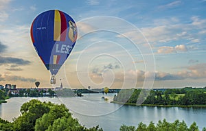 Elk town panorama with hot air flying balloons